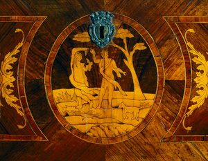 Intarsje z postaciami, detal z komody Lombard z opadającym liściem w stylu Giuseppe Maggiolini, Włochy autorstwa Giuseppe (manner of) Maggiolini