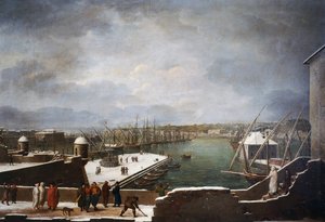 Widok na port w Genui w śniegu autorstwa Giuseppe Bacigalupo