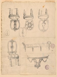 Krzesła i szkice architektoniczne autorstwa Giuseppe Barberi