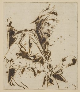 Mężczyzna pół wzrostu siedzący na krześle w kapeluszu z piórami i trzymający czaszkę(?) w lewej ręce autorstwa Giuseppe Bernardino Bison