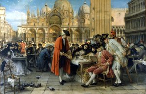 Malarz Francesco Guardi sprzedaje swoje obrazy przed kawiarnią Florian. 1892. Obraz Giuseppe Bertiniego. Galleria d