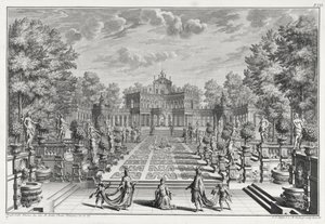 Oprawa do opery w ogrodzie z Architectus Theatralis Primarius, sztychowana przez Johanna Andreasa Pfeffela (1674-1748), wydana w 1740 r. autorstwa Giuseppe Bibiena