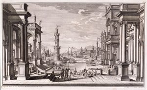 Mały port z kolumnami w stylu barokowym, z „Architectus Theatralis Primarius”, wydanego w 1740 r. autorstwa Giuseppe Bibiena