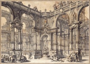Portyk włoskiego pałacu z fontanną ozdobioną posągiem fortuny, autorstwa Giuseppe Bibiena