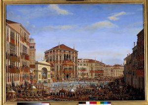 Wizyta Napoleona I w Wenecji od 28 listopada do 8 grudnia 1807: Cesarz, który przewodniczy regatom na Canale Grande z balkonu Pałacu Baldi, przybywa z wyścigu, 2 grudnia 1807 Obraz Giuseppe Borsato (1771-1849). 1807 niedz. 0,65 x