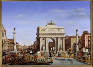 Wizyta Napoleona I w Wenecji od 28 listopada do 8 grudnia 1807 r.: wejście cesarza w gondoli na procesję gondolową Canal Grande. Obraz Giuseppe Borsato (1771-1849) XIX w. Słońce. 0,65x0,90m. - wizyta Napoleona w Wenecji od 28 listopada