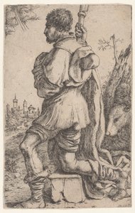 Św. Roch klęczący na kamieniu widziany z boku z psem za nim..., 1620-30.