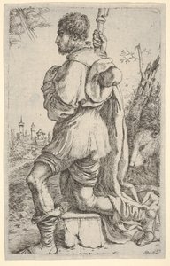 Św. Roch klęczący na kamieniu widziany z boku z psem za nim i miastami..., 1620-30.