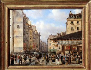 Les Halles i rue de la Tonnellerie w 1828 roku: widok na Paryż w XIX wieku. Obraz Giuseppe Canelli (1788-1847)