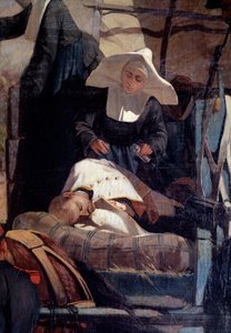 Włoski obóz wojskowy podczas bitwy pod Magenta Bitwa pod Magentą 4 czerwca 1859 r. podczas kampanii włoskiej prowadzącej do zwycięstwa francusko-sardyńskiego dowodzonego przez Napoleona III nad Austriakami - Szczegół przedstawiający pomoc pielęgniarki rann