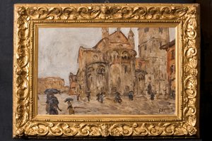 Piazza Grande w deszczu (olej na sklejce) autorstwa Giuseppe Graziosi