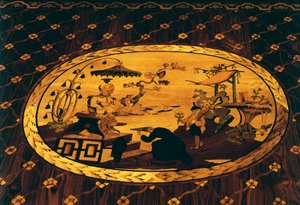 Scena inspirowana chińską sceną, detal z biurka Giuseppe Maggioliniego (1738-1814) z intarsjami z projektu Giuseppe Levati (1739-1828), podarowany przez arcyksięcia Ferdynanda cesarzowej Marii Teresie z Austrii, Włochy