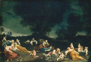 Amorki rozbrajają śpiące nimfy 16901705. autorstwa Giuseppe Maria Crespi