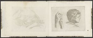 Dłoń z drewnianym kijem i głową chłopca Przykłady rysunków (tytuł serii) Mitelli intaglio (tytuł serii) autorstwa Giuseppe Maria Mitelli