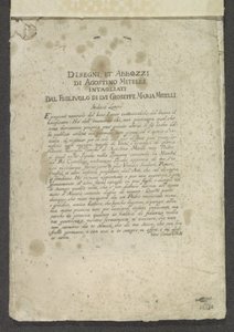 Druk tytułu z przedmową w kolejności Ozdoby (tytuł serii) Rysunki i szkice Agostino Mitelli Rzeźbione przez jego syna Gioseppe Marię Mitelli (tytuł serii na obiekcie) autorstwa Giuseppe Maria Mitelli