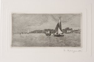 Łodzie w lagunie (akwaforta na białym papierze)