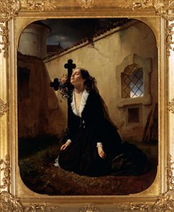 Opłakująca stratę bliskiej osoby lub żony pułkownika Manary przy grobie jej męża, Giuseppe Molteni (1800-1867), olej, płótno