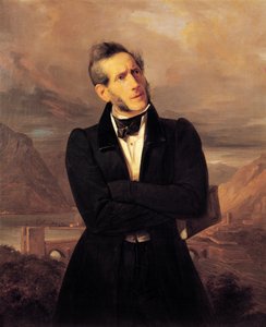 Portret Alessandro Manzoniego z widokiem Lecco, obraz Giuseppe Molteniego (1800-1867), pejzaż malowany przez Massimo d