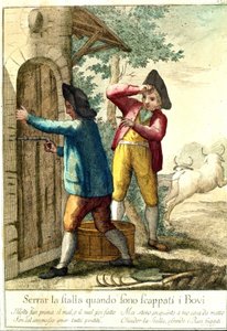 „Nie ma sensu zamykać stajni, gdy konie uciekły”. XVIII-wieczna rycina przedstawiająca serię przysłów. Giuseppe Piattoli (1740/50-1818) autorstwa Giuseppe Piattoli
