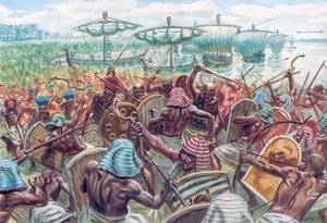 Starożytny Egipt: Bitwa o Deltę była bitwą morską między Egiptem a Ludami Morza, około 1175 r. p.n.e., kiedy to egipski faraon Ramzes III odparł wielką inwazję morską - Ilustracja autorstwa Giuseppe Rava autorstwa Giuseppe Rava