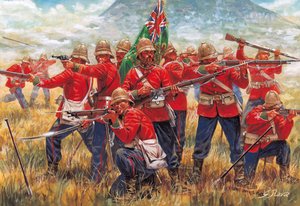 Wojna anglo-zuluska: żołnierze Imperium Brytyjskiego w bitwie pod Isandhlwana (Isandlwana lub Isandula) w Afryce Południowej, 22/01/1879 - Wojna anglo-zuluska: żołnierze Imperium Brytyjskiego, bitwa pod Isandlwana 22 stycznia 1879 - Ilustracja Giuseppe Rav autorstwa Giuseppe Rava
