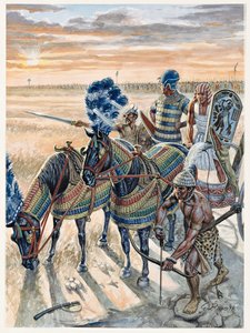 Egipski antyk: przedstawienie faraona Ramzesa II (1304-1213 p.n.e.) z jego armią - Faraon Ramzes II (1303 p.n.e.-1213 p.n.e.) i jego armia w starożytnym Egipcie - Ilustracja Giuseppe Rava autorstwa Giuseppe Rava