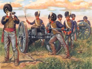 Pierwsze imperium: Angielscy artylerzyści ładujący armatę podczas bitwy pod Waterloo w 1815 roku - Pierwsze imperium: żołnierze armii brytyjskiej ładujący armatę podczas bitwy pod Waterloo w 1815 roku - Ilustracja autorstwa Giuseppe Rava autorstwa Giuseppe Rava