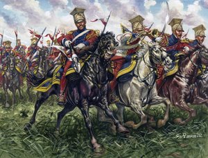 Pierwsze cesarstwo: czerwoni lansjerzy lub pułk legionistów konnych gwardii cesarskiej podczas bitwy pod Waterloo 18.06.1815 r. - Pierwsze cesarstwo: 2. pułk lekkich lansjerów gwardii cesarskiej (czerwoni lansjerzy lub czerwoni lansjerzy) podczas bitwy pod autorstwa Giuseppe Rava