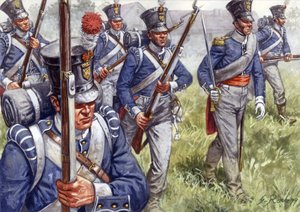 Pierwsze cesarstwo: piechota belgijska lub holenderska około 1815 roku - Pierwsze cesarstwo: piechota belgijska lub holenderska - Ilustracja autorstwa Giuseppe Rava autorstwa Giuseppe Rava