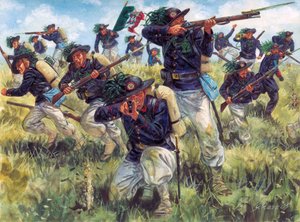 Kampania włoska 1859 r. (druga włoska wojna o niepodległość): bersaglieri (bersaglierzy) armii włoskiej w akcji - Druga włoska wojna o niepodległość (wojna francusko-austriacka, wojna austriacko-sardyńska, wojna austriacko-piemoncka lub włoska wojna 1859 r autorstwa Giuseppe Rava
