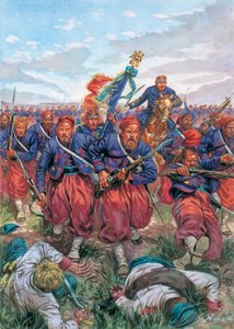 Kampania włoska 1859 r. (II wojna o niepodległość Włoch): szarża żuawów francuskiej armii Napoleona III podczas bitwy pod Solferino 24.06.1859 r. - II wojna o niepodległość Włoch (wojna francusko-austriacka, wojna austriacko-sardyńska, wojna austriacko-p autorstwa Giuseppe Rava