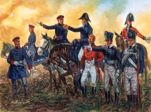 Wojna napoleońska: Arthur Wellesley, książę Wellington (1769-1852) dowodzący wojskami brytyjskimi i Gebhard Leberecht von Blucher (1742-1819) dowodzący armią pruską w bitwie pod Waterloo 18/06/1815 - (Wojny napoleońskie: dowódcy książę Wellington za autorstwa Giuseppe Rava