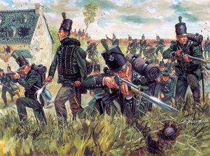 Wojna napoleońska: Brytyjscy strzelcy z 95 Pułku Strzelców bronią kamieniołomu piasku podczas bitwy pod Waterloo 18/06/1815 - (Wojny napoleońskie: Brytyjscy strzelcy broniący kamieniołomu piasku podczas bitwy pod Waterloo 18 czerwca 1815 r.) Ilustracja aut autorstwa Giuseppe Rava