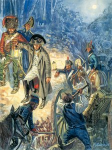 Kampania prusko-polska: Cesarz Napoleon I (1769-1821) w przededniu bitwy pod Jeną i Auerstaedt 14/10/1805 - Cesarz Napoleon I w noc poprzedzającą bitwę pod Jeną-Auerstedt (Jena Auerstedt) przeciwko wojskom pruskim 14 października 1805 - Ilustr. autorstwa Giuseppe Rava