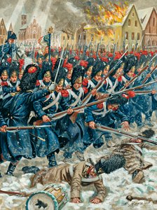 Kampania pruska: "Broń w ręku" Grenadierzy Gwardii Cesarskiej w bitwie pod Eylau 8/02/1807 - Kampania pruska: Bitwa pod Eylau (lub bitwa pod Preussisch-Eylau) w dniach 7 i 8 lutego 1807 r. pomiędzy napoleońską Grande Armee i rosyjską E autorstwa Giuseppe Rava