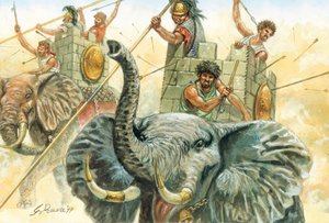 Rzymski antyk: słonie Hannibala - przedstawienie słoni, które pozwoliły generałowi Hannibalowi (247-183 p.n.e.) przekroczyć Alpy w 218 r. p.n.e. podczas drugiej wojny punickiej Ilustracja Giuseppe Rava