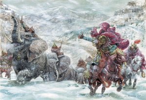 Rzymski antyk: słonie Hannibala podczas przekraczania Alp - przedstawienie słoni, które pozwoliły kartagińskiemu generałowi Hannibalowi (247-183 p.n.e.) przekroczyć Alpy w 218 r. p.n.e. podczas drugiej wojny punickiej Ilustracja Giuseppe Rava autorstwa Giuseppe Rava