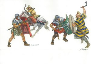 Rzymscy legioniści walczący z partyjskim łucznikiem konnym i frankijskim wojownikiem autorstwa Giuseppe Rava