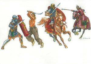 Rzymski legionista walczący z dackim wojownikiem i rzymskim jeźdźcem przeciwko sarmackiemu katafraktowi autorstwa Giuseppe Rava