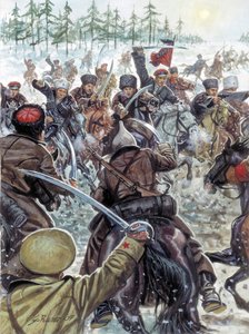 Rosyjska wojna domowa (1917-1923): Żołnierze Kaukazu u boku białej armii w 1919 roku - Rosyjska wojna domowa: Kozacy walczący z białą armią rosyjską w 1919 roku - Ilustracja Giuseppe Rava autorstwa Giuseppe Rava