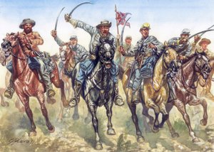 Wojna secesyjna (1861-1865) - Amerykańska wojna domowa: szarżująca kawaleria konfederatów - Ilustracja autorstwa Giuseppe Ravy autorstwa Giuseppe Rava