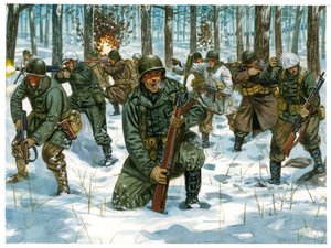 II wojna światowa: amerykańska ofensywa piechoty w bitwie o Ardeny w Bastogne, grudzień 1944 r. - II wojna światowa: amerykańska ofensywa podczas bitwy o wybrzuszenie, grudzień 1944 r. - Ilustracja autorstwa Giuseppe Ravy autorstwa Giuseppe Rava