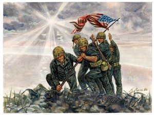II wojna światowa, wojna na Pacyfiku: bitwa o Iwo Jimę, zwycięstwo US Marines w lutym 1945 roku - II wojna światowa, wojna na Pacyfiku: Bitwa o Iwo Jimę (operacja "Detachment"), piechota morska USA podnosi amerykańską flagę, luty 1945, Japonia - ilustracja autorstwa Giuseppe Rava