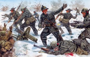 Druga wojna światowa, front rosyjski: Włoscy myśliwi alpejscy w Rosji w styczniu 1943 roku - II wojna światowa, front rosyjski: włoscy myśliwi alpejscy w Rosji, styczeń 1943 - Ilustracja autorstwa Giuseppe Rava autorstwa Giuseppe Rava