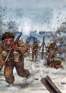 II wojna światowa: Szkoccy żołnierze podczas lądowania w Normandii 6/06/1944 - II wojna światowa, dzień D: Szkoccy żołnierze w dniu lądowania w Normandii, 6 czerwca 1944 - Ilustracja Giuseppe Rava autorstwa Giuseppe Rava