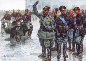 Duce Benito Mussolini (1883-1945), w towarzystwie Czarnych Koszul (Camicie nere), wykonujący faszystowskie pozdrowienie podczas parady wojskowej - Benito Mussolini i Czarne Koszule podczas parady wojskowej - Ilustracja Giuseppe Rava autorstwa Giuseppe Rava