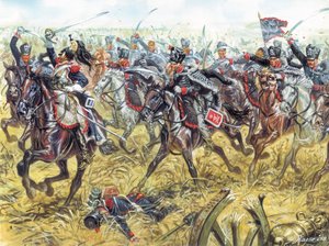 Huzarzy śmierci z armii pruskiej, ok. 1810 r. - Huzarzy z armii pruskiej (pułki Leib-Husaren) 1810 r. ok. - Ilustracja autorstwa Giuseppe Ravy