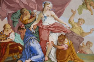 Reprezentacje mitu o Dianie, autorstwa Domenico i Giuseppe Valeriani, fresk, sklepiony sufit sypialni, apartament króla, rezydencja myśliwska, autorstwa Filippo Juvarra (1678-1736), Stupinigi, Piemont, Włochy autorstwa Giuseppe and Valeriani Domenico Valeriani