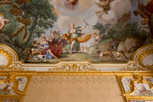 Reprezentacje mitu Diany autorstwa Domenico i Giuseppe Valeriani, fresk, sklepiony sufit sypialni, apartament króla, rezydencja myśliwska, autorstwa Filippo Juvarra (1678-1736), Stupinigi, Piemont, Włochy autorstwa Giuseppe and Valeriani Domenico Valeriani