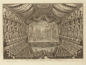 Przedstawienie La Serenata w Pałacu Królewskim w Neapolu par Vasi, Giuseppe (1710-1782). Miedzioryt, rozmiar : 41,5x62